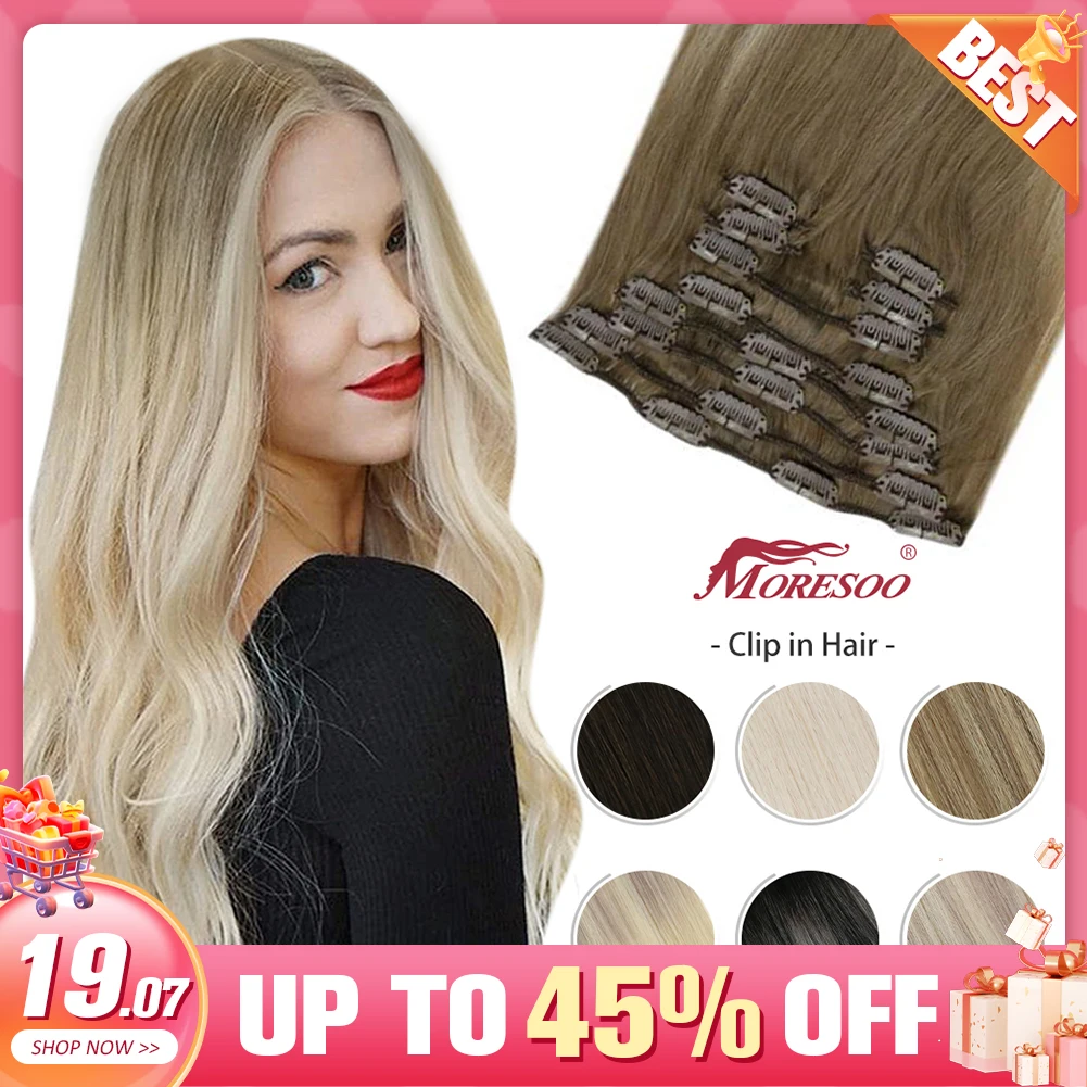 Moresoo Clip in Human Hair Extensions 10-24 inch Machine Remy Human Hair Brazilian Doule Weft Invisible Set Straight 5/7Pcs 100G