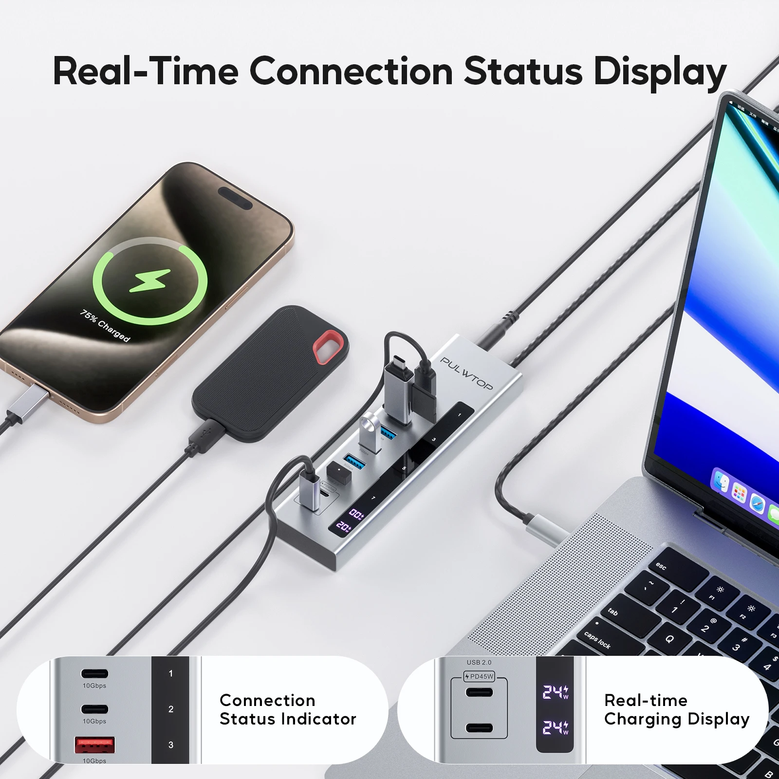 PULWTOP Powered USB C Hub,USB C Powered Hub with USB A/C 3.2 , 100W PD-in, 2 x 24/45W USB-C PD Charging Data Hub for PC Laptops 6