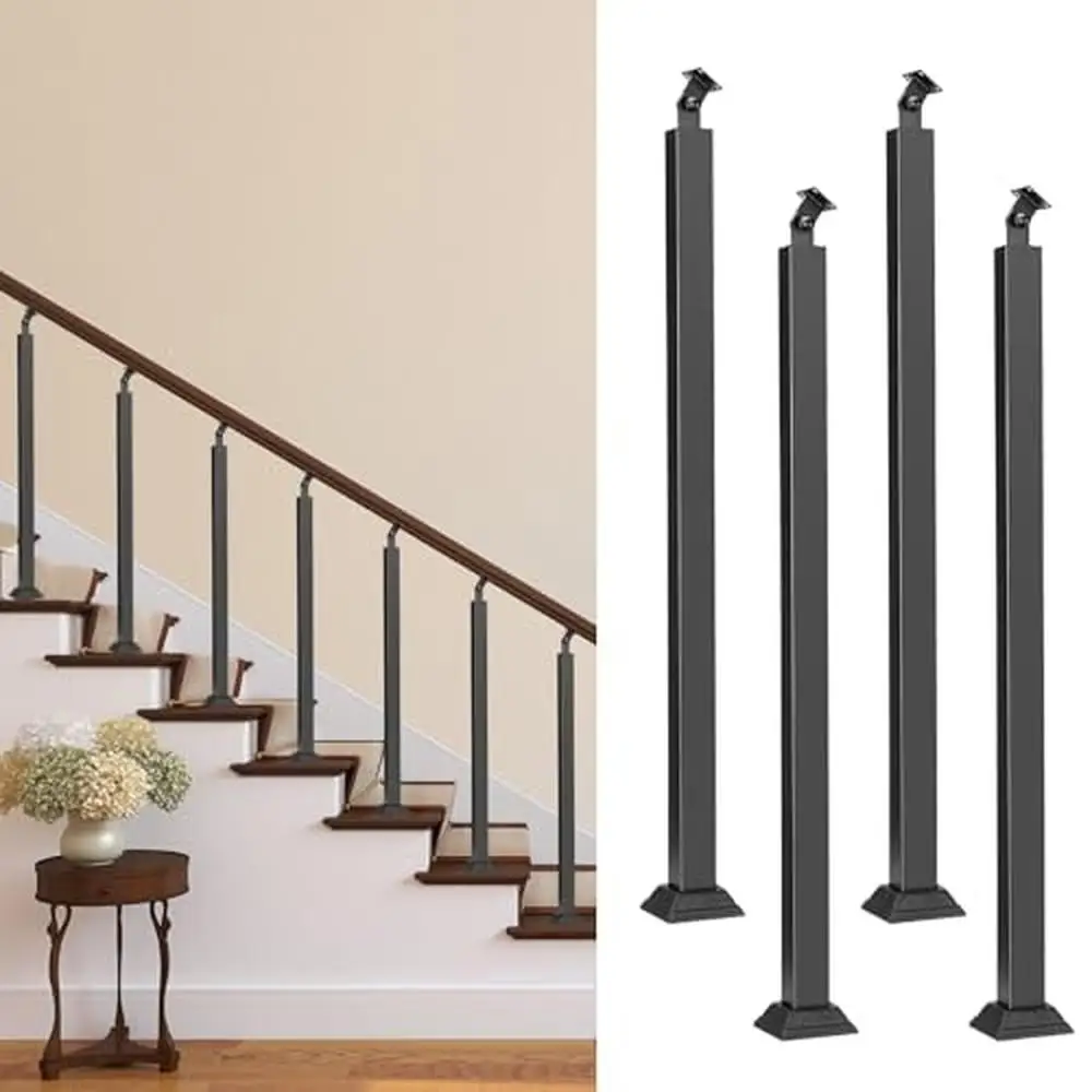 Adjustable Wrought Iron Stair Baluster Posts 4 Pack Iron Black 35" Balusters Interior Metal Stair Railing Kit Easy Assembly &