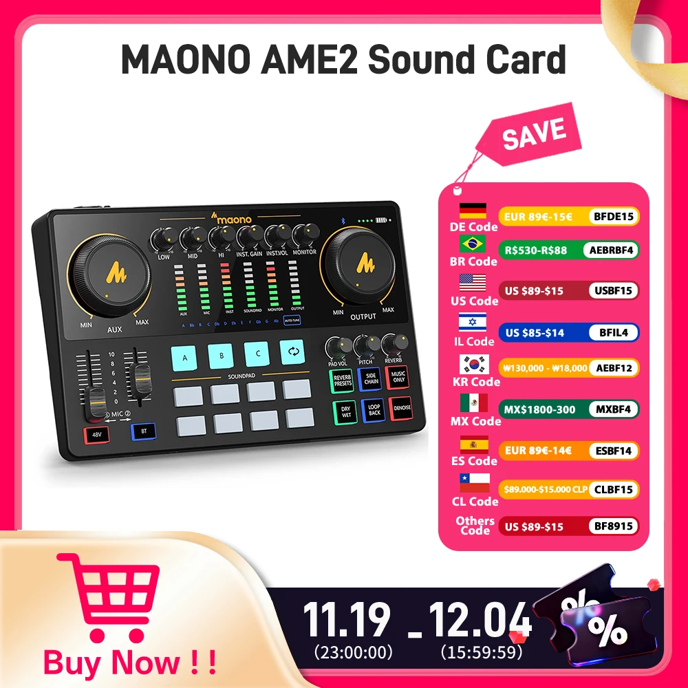 Maono AME2 Interface de áudio Placa de som DJ Mixer Tudo em um