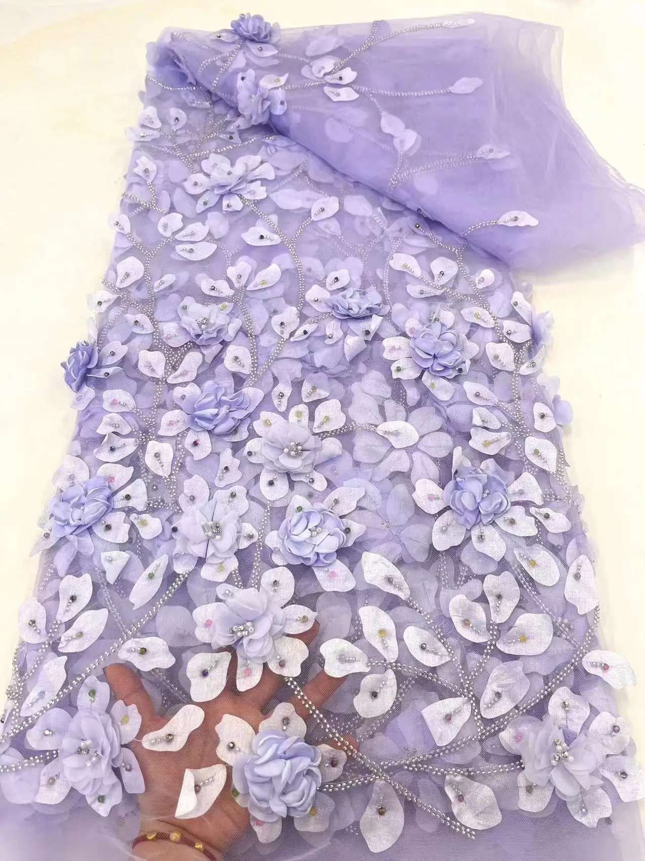 

3D Flowers In Purple French Lace Fabric 2024 High Quality Lace Net African Lace Fabric With Beads Lace Fabrics For Wedding