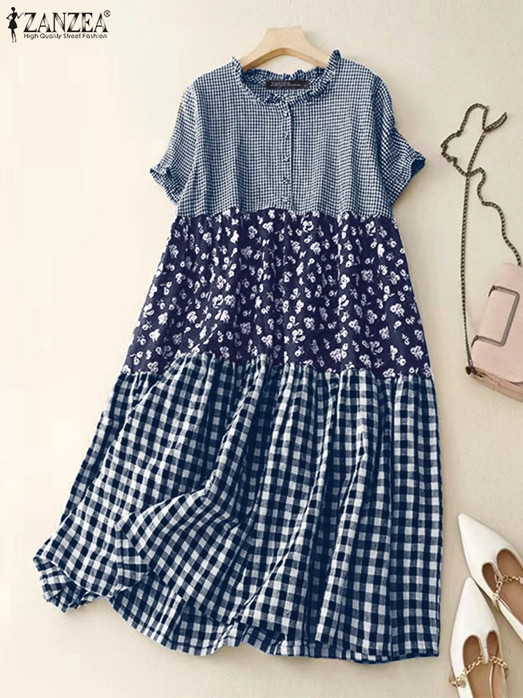 Women Sundress ZANZEA 2025 Summer Casual Loose Short Sleeve Robe Fashion Plaid Long Dress Holiday Pleating Stitching Shirt Dress 2
