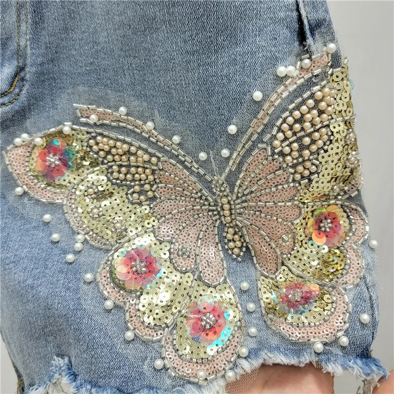 High Waist Stretchy Burr Denim Hot Pants Female 2024 Summer New Heavy Industry Beads Embroidered Blue Shorts Women Clothing