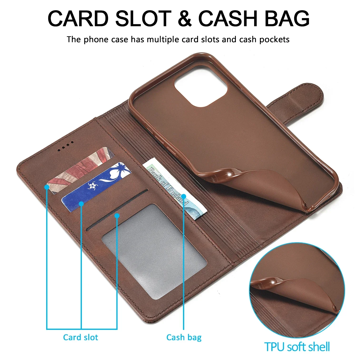 Leather Folding Wallet Phone Case with Card Holder & Kickstand Feature