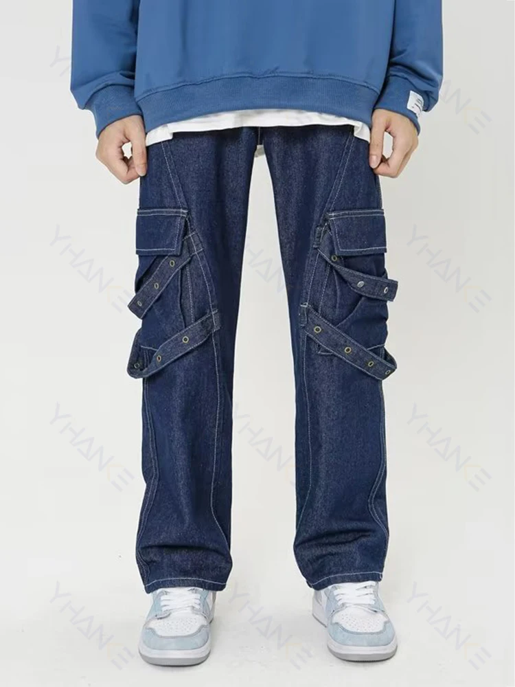 Retro Blue Cargo Wide Jeans for Men Fashionable Zipper Pockets Streamer Streetwear Casual Wide Leg Denim Overalls Hip Hop Denim