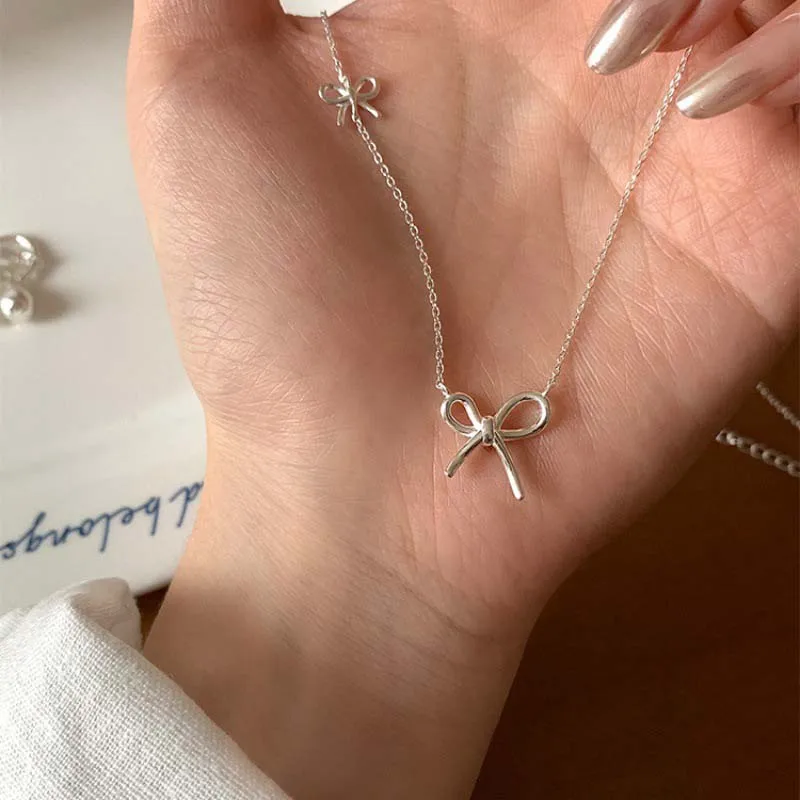 2025 Korean Silver Color Bowknot Pendant Necklace For Women