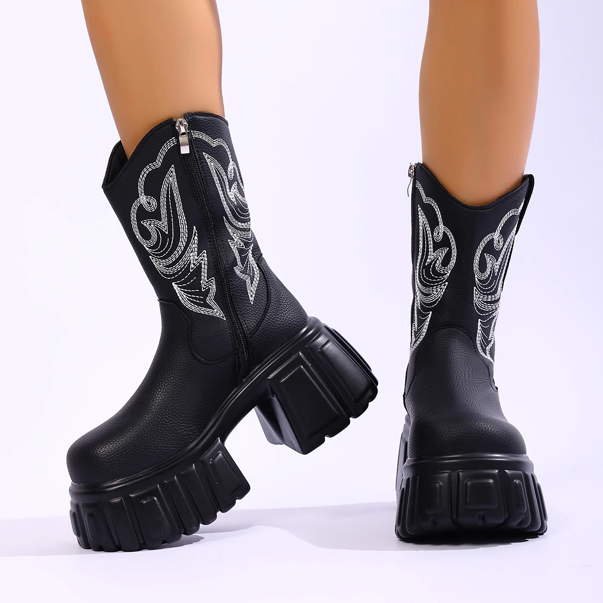 Aphixta Chunky Heels Fashion Woman Ankle Boots Side Zipper Round Toe Woman Winter Shoes Sewing Embroidery Modern Boots Size 42