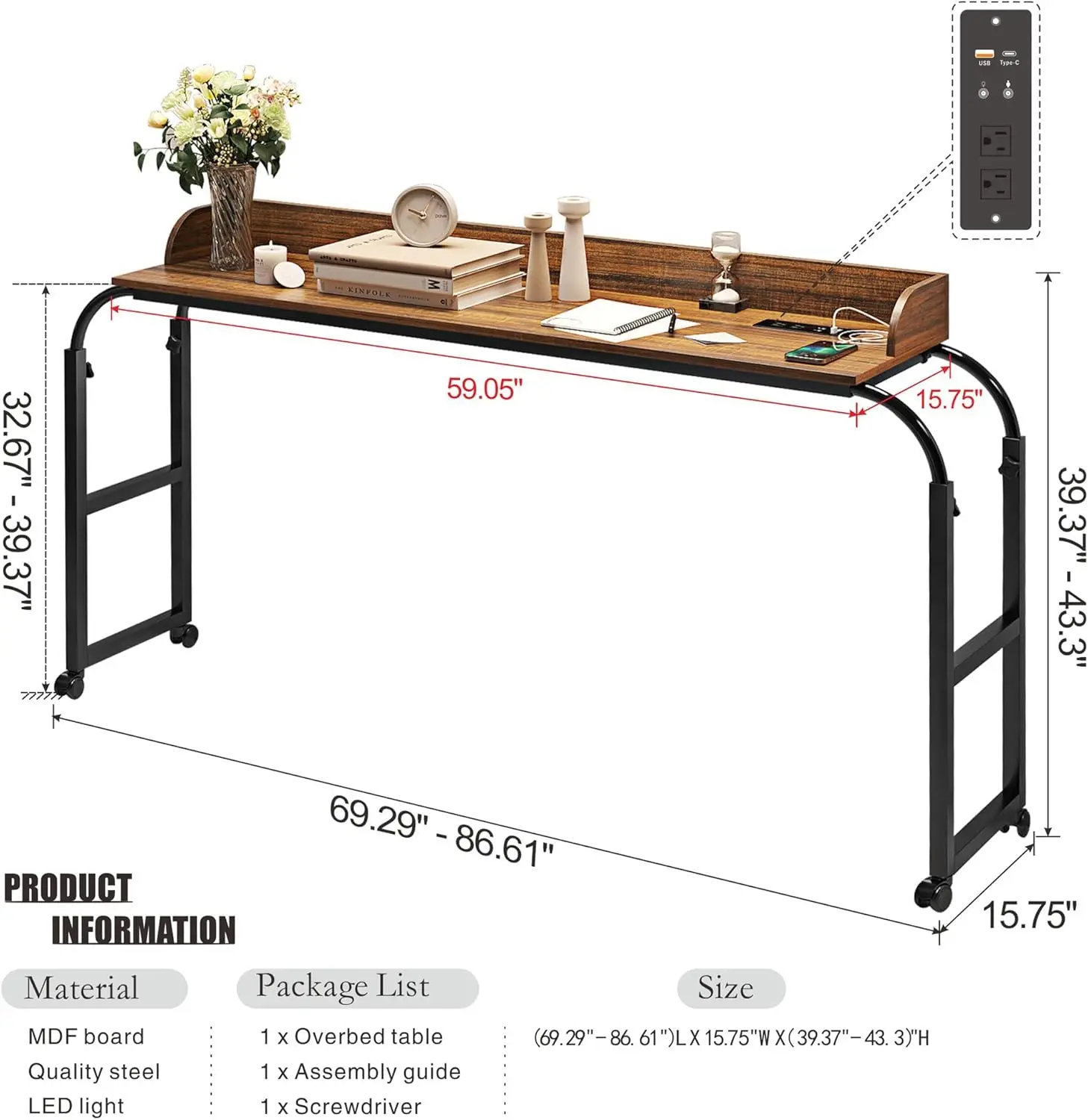 "adjustable height & length overbed desk with mobile charging station - led light, queen size"