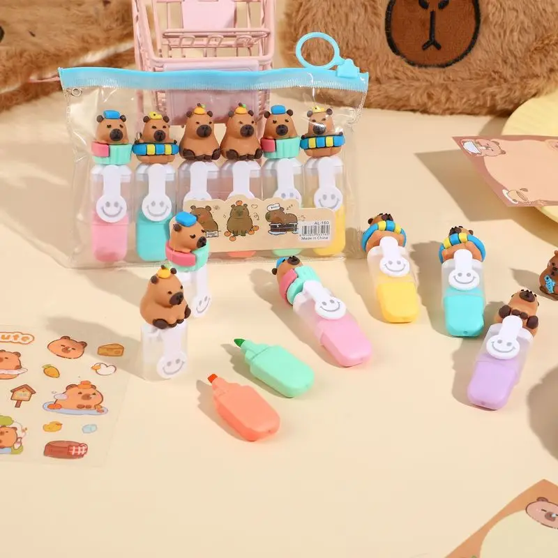 6pcs Anime Labubu Capybara Bagged Mini Highlighter Cartoon 6color Diy Handbook Pen Student Marker Supplies Stationery