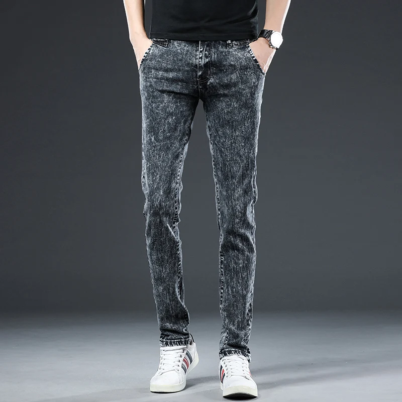2024 Classic Korean Fashion Street Trendy Men Skinny Retro Snowflake Design Slim Fit Denim Pants New Elastic Cotton Men Jeans 2
