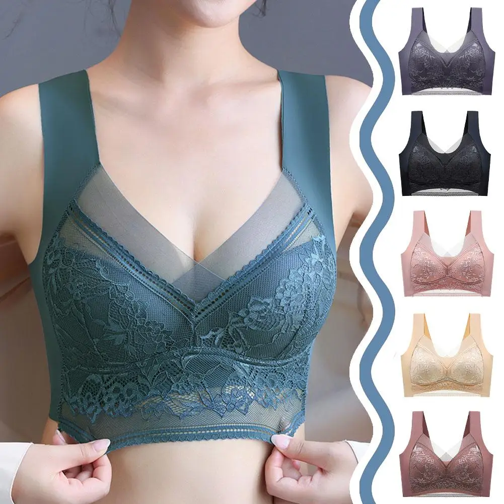 

Sexy Lace Bras For Women Perspective Full Cup Solid Color Brassiere V-neck Seamless Crop Top Female Push Up Breathable Ling D4w3