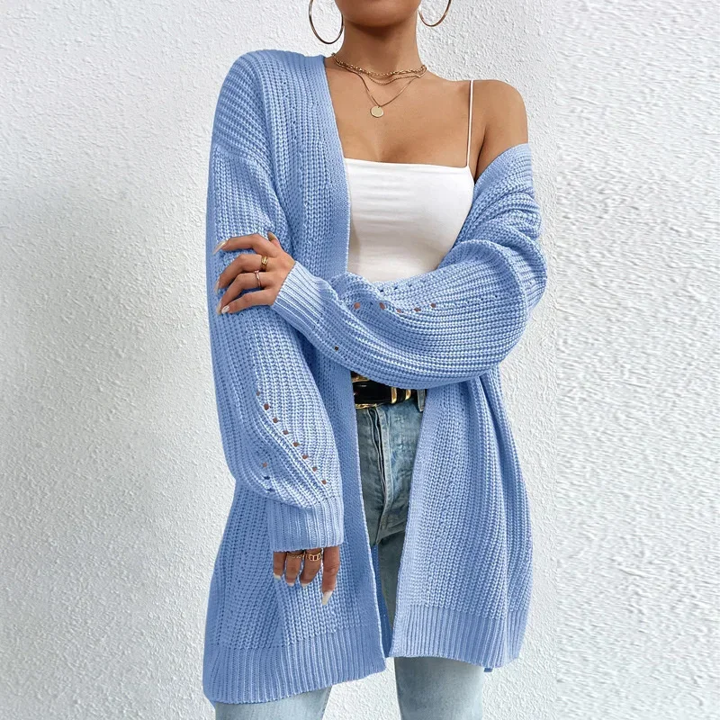 2024 Autumn Elegant Solid Cardigan Sweater Women Winter Thickened Warm Split Hem Long Jumpers Female Commuter Knitted Outerwear 5