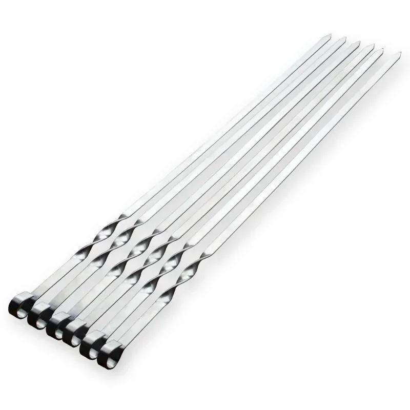 6pcs/set 55cm BBQ Skewers Long Handle Shish Kebab Barbecue Grill Sticks Wood BBQ Fork Stainless Steel Outdoor Grill Needle Bags
