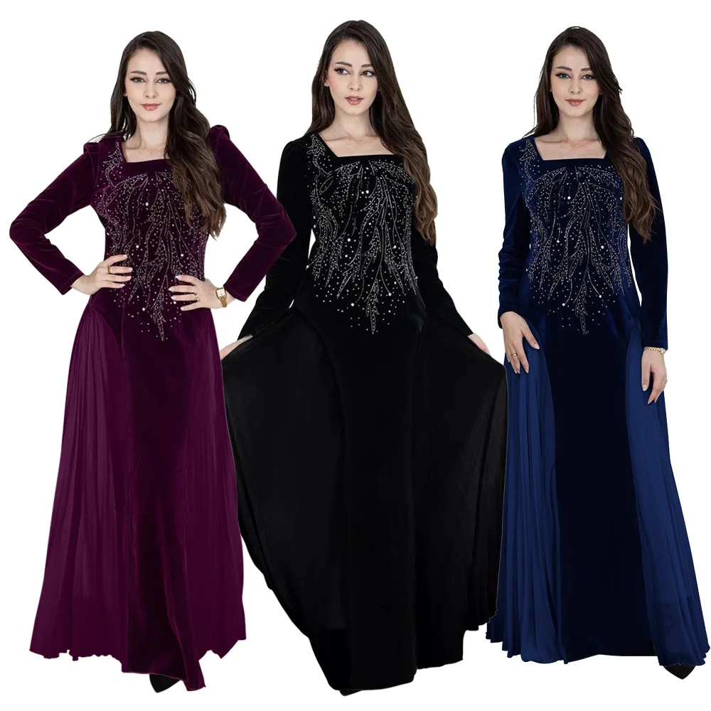 

Winter Fashion Velvet Dress Muslim Women Square Neck Long Sleeve High Waist Pleated Long Dress Elegant Dress Women