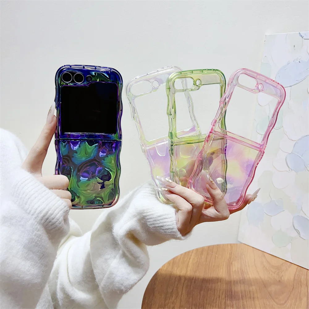 Laser Colorful 3D Meteorite Pattern Shockproof Foldable Phone Case with Airbag Corners - Clear Silicone Cover
