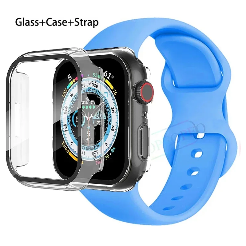 Premium Silicone Apple Watch Band with Glass Case and Strap - Compatible with All Series