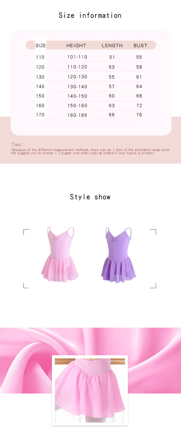 Kaks volangidega tantsukleiti tüdrukutele, roosas ja lillakas toonis, rippuvad heledal taustal. Lõbus ja elegantne disain sobib hästi noortele tantsijatele.