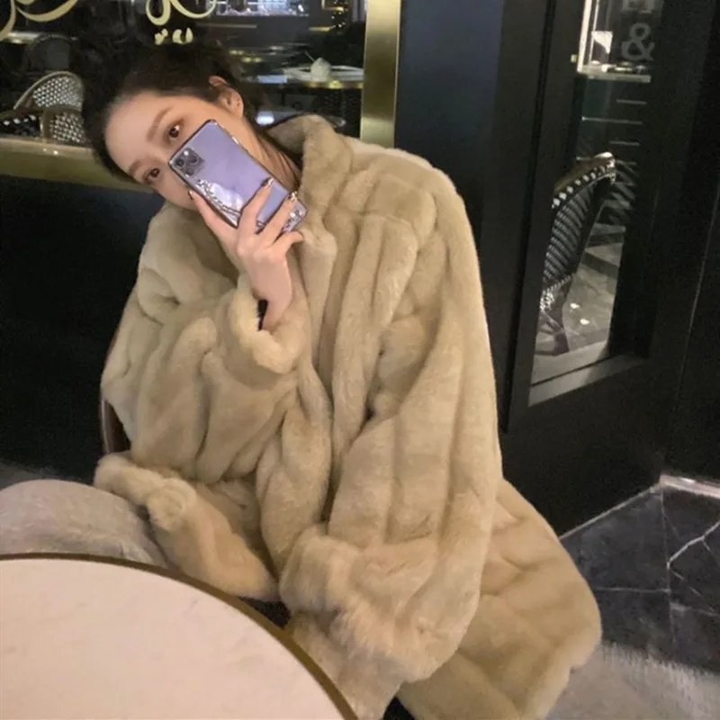 Luxury Brand Faux Fur Coat Women Autumn Winter Fluffy Jacket  Warm Thick Korean Chic Outerwear Solid Long Sleeve Women Clothing