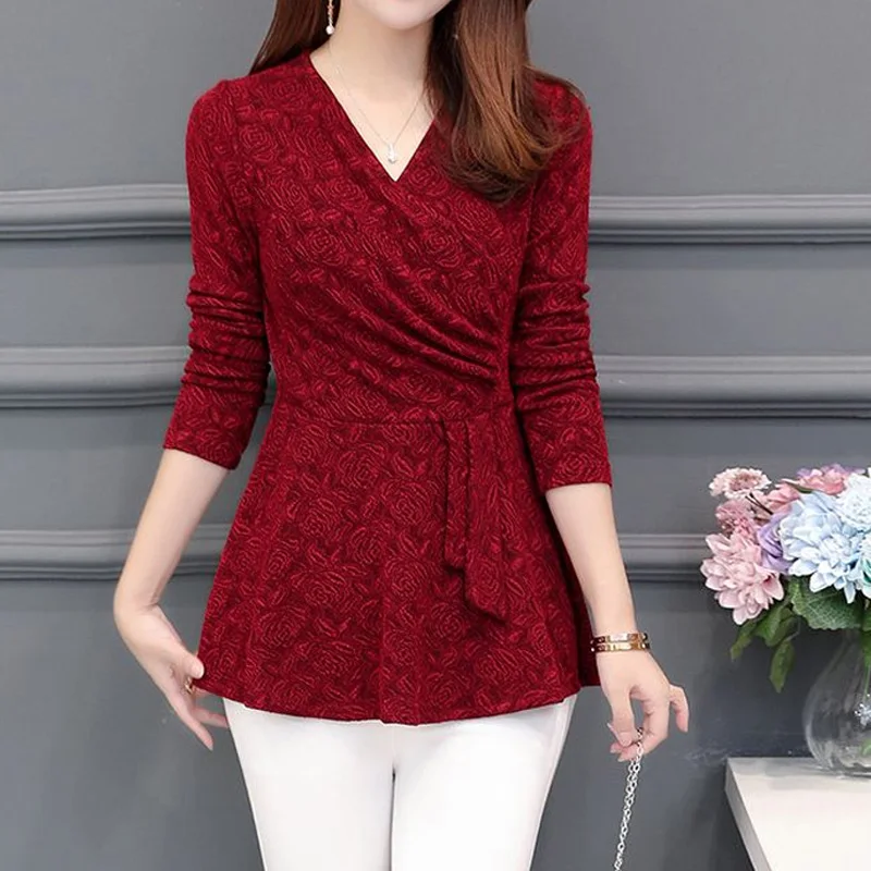 

Spring Autumn New Pleated Slim Solid Color Top Shirt Long Sleeve V Neck Plus Size Pullovers Vintage Fashion Women Clothing