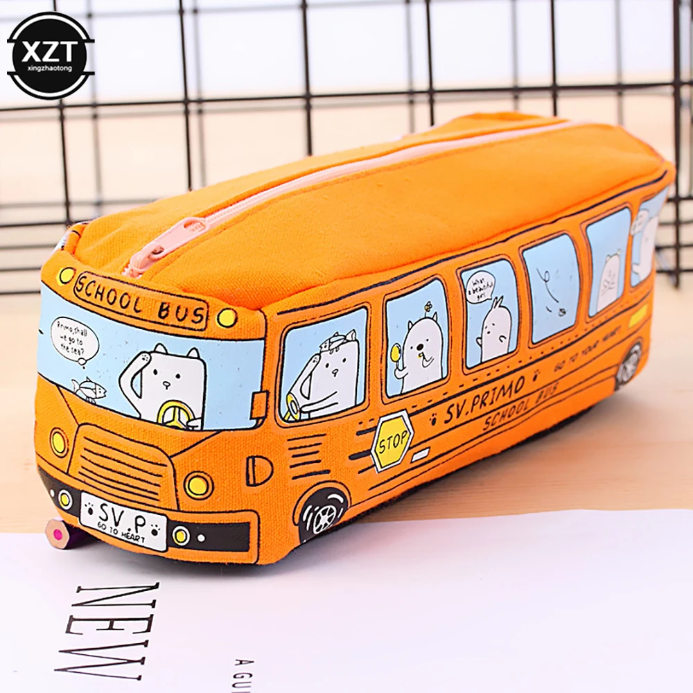 Cartoon Bus Pencil Bag Canvas Large Capacity Car Zipper Pen Pencilcase for Student Stationery School Supplies pencil cases stationery box pen storage bag