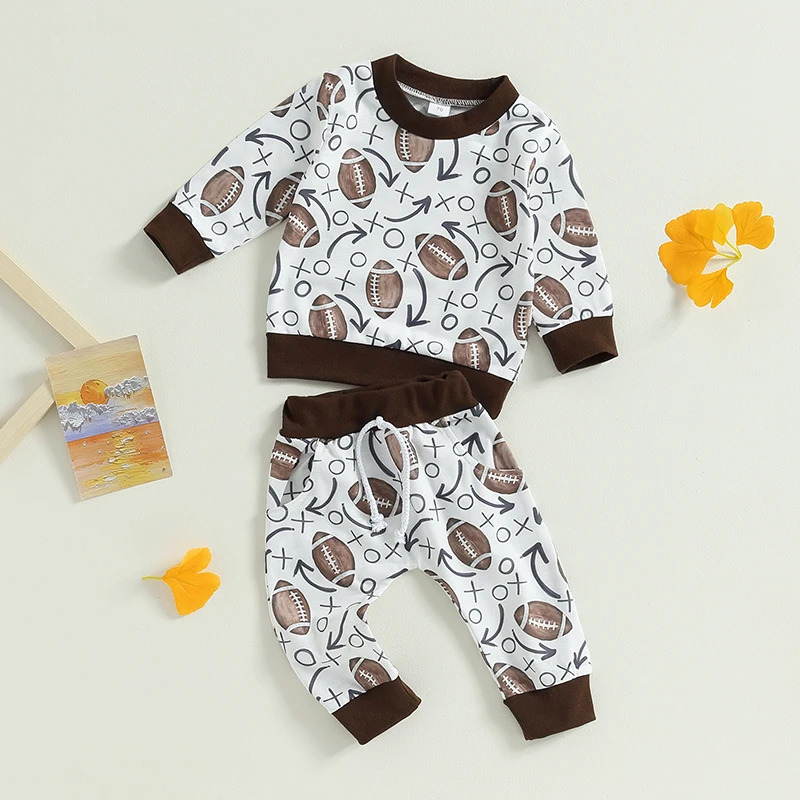 -06-12 Lioraitiin 0-3Years Toddler Baby 2Pcs Fall Outfit Football Print Long Sleeve Tops and Elastic Long Pants Set