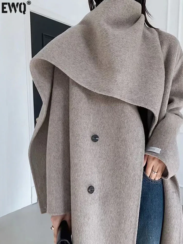 

[EWQ] Shawl Scarf Collar Double-breasted Camel Overcoats Women's Double-sided Woolen Belt Coats 2024 Spring Winter New