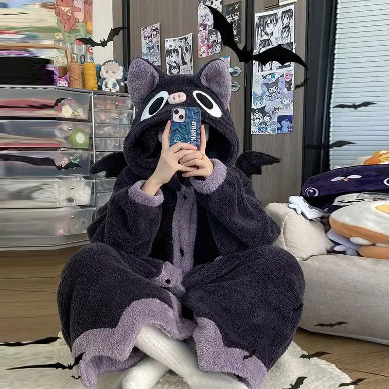 Women's Flannel Cosplay Costume Dinosaur Bat Rabbit Dog Animal Pajamas Cartoon Hooded Nightgown Halloween Christmas Nightdress