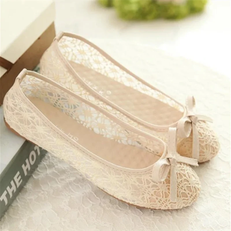 Lady Bare Foot Shoes Sweet Breathable Mesh Summer Flats With Bow-Knot Round Toe Spike Heels Anti-Slip Beige Sole 2022 New In 45