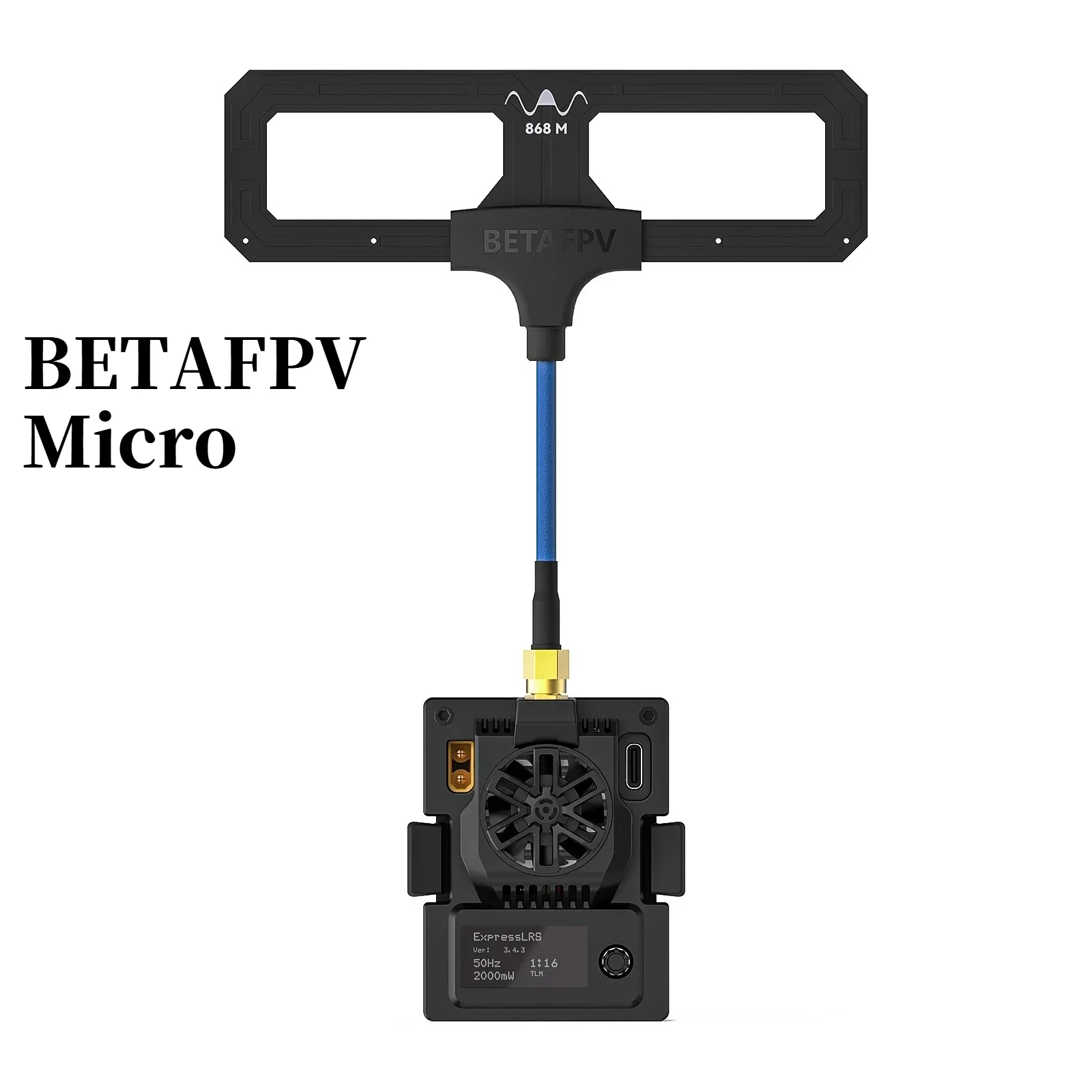 Module TX Micro ExpressLRS pour Radio FPV avec antenne dépliée, prêt à être installé sur une radio.