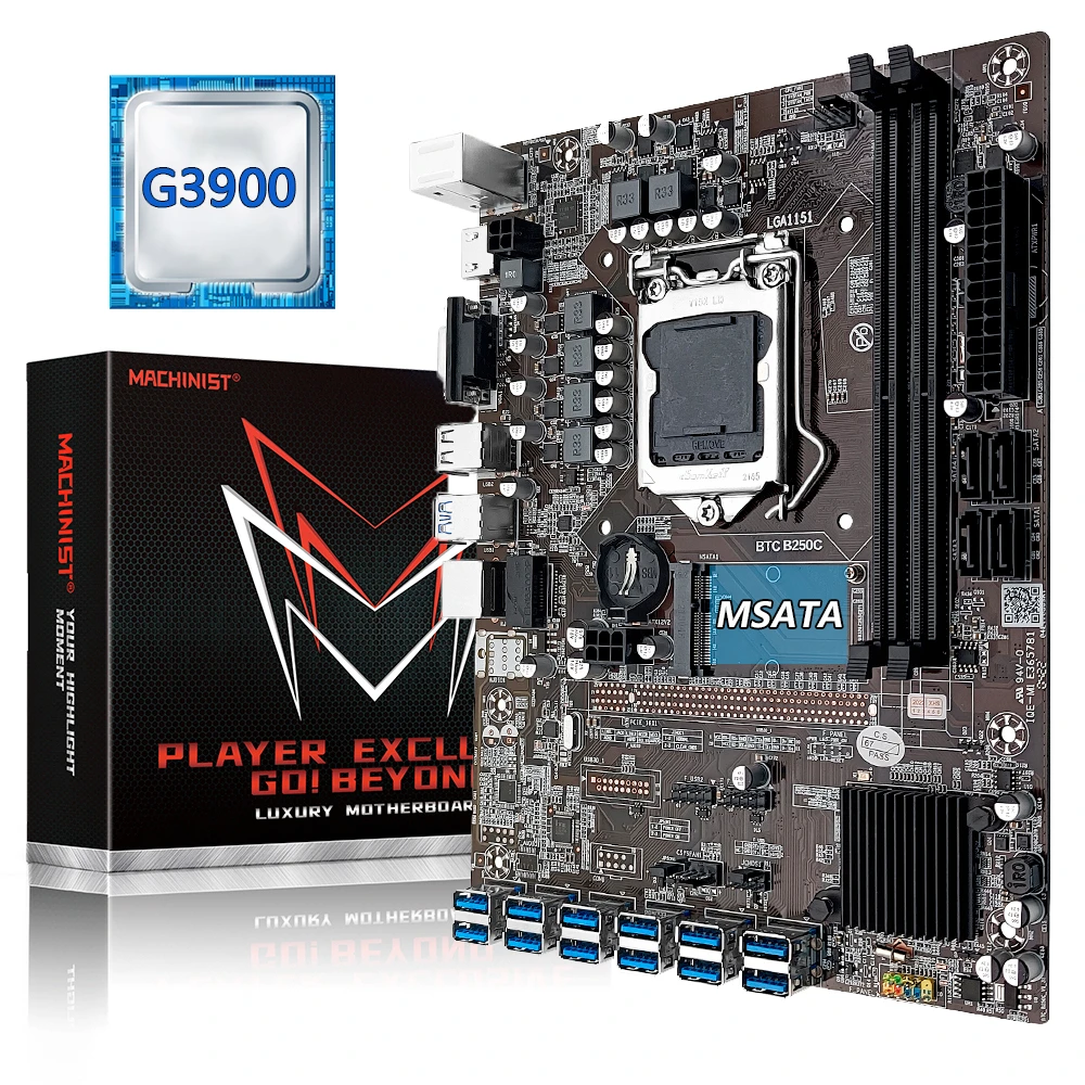 BTC B250C Mining LGA 1151 Motherboard Set kit With G3900 CPU DDR4 RAM MSATA +12XPCIE to USB3.0 Graphics Card Slot  ETH Miner good pc motherboard