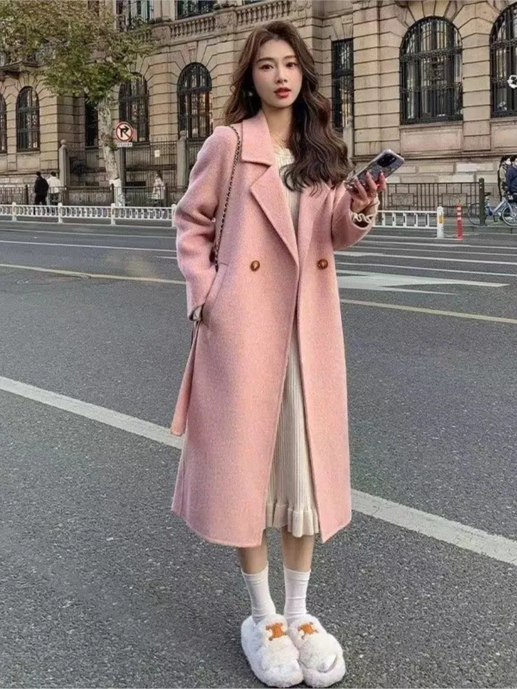 

RDMQ 2023 Autumn Winter New Korean Fashion Loose Versatile Double Sided Cashmere Medium Length Woolen Coat Women