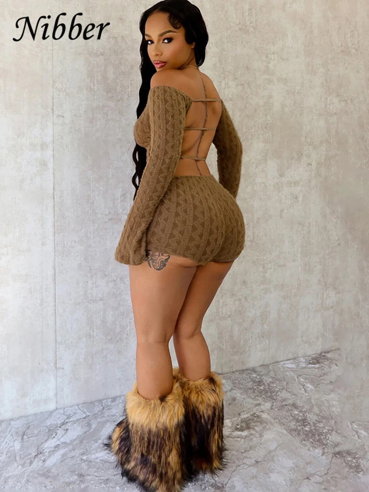 Nibber Backless Romper Women Knit Thin Fall Slash Neck Full Sleeve Hipster Playsuit Arabesques Workout Activity Shorts Overalls