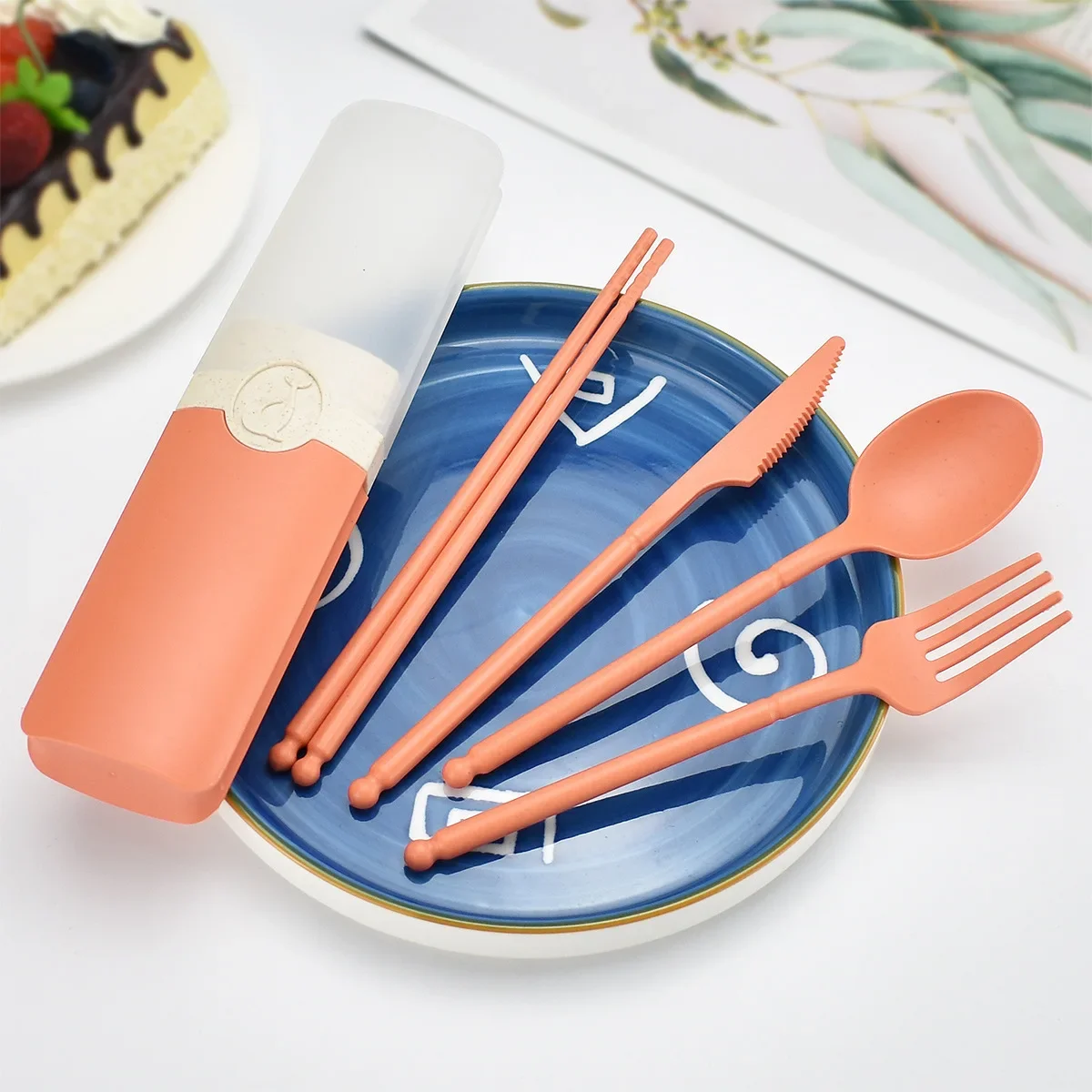 Cutlery Set Portable Reusable Spoon Fork Travel Picnic Chopsticks Wheat Straw Tableware Cutlery Set With Carrying Box For Student Office