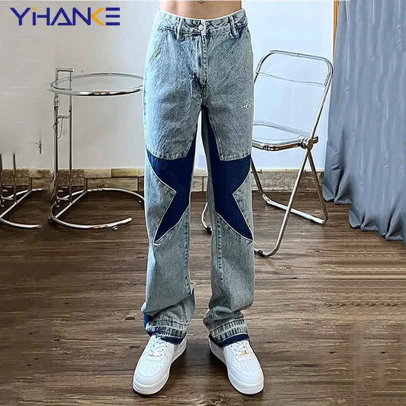 

Y2K Jeans Star Letter Embroidery Stitching Straight Horn Jeans Pants Pants Men's Retro Tear Casual Jeans Pants 2024
