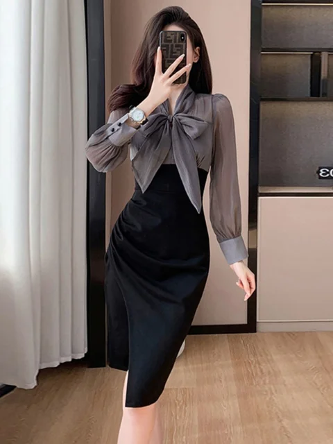 Faionable Midi  Knot Wrap Body Slimming Pleated Dr Ele Women's Clothing Commute Sle High Waist Polyester ...