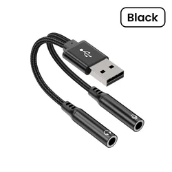 USB A to Dual 3.5mm Jack Audio and Headphone Adapter with DCA Chip (Black)