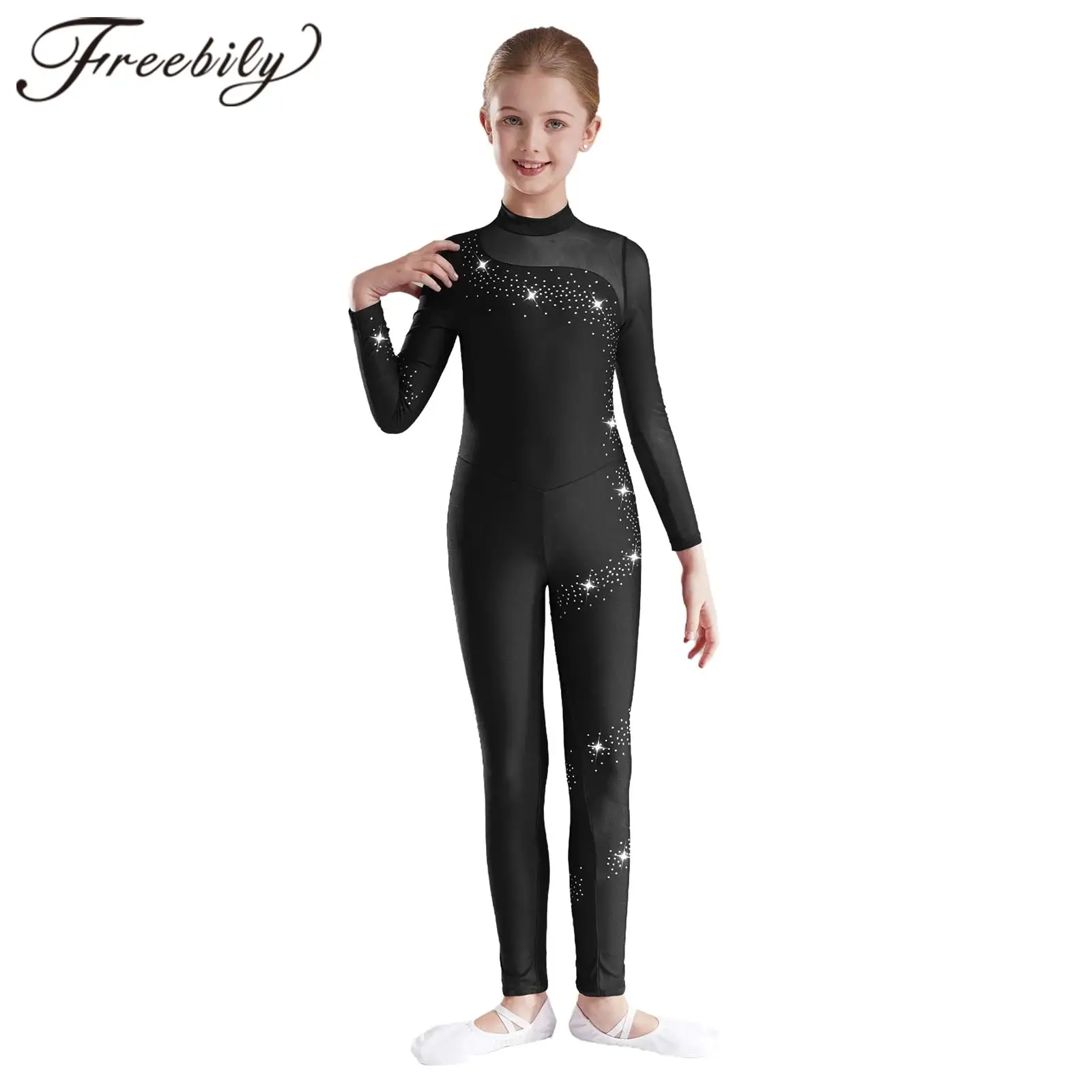 

Детские гимнастические трико для фигурок и катания на коньках для девочек, женский комбинезон с длинными рукавами из прозрачной сетки для подростков, боди, танцевальная одежда