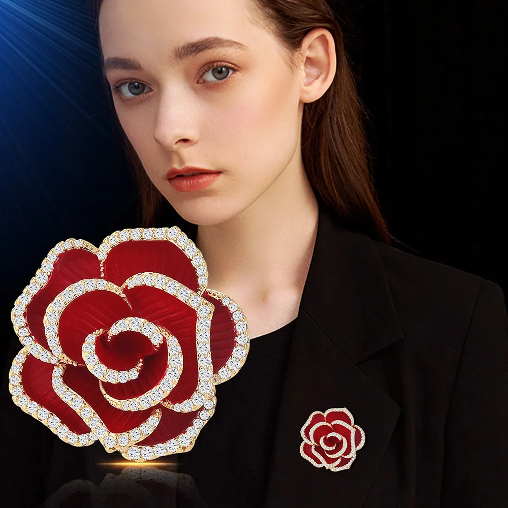 

Classic Vintage Baroque Luxury Red Rose Flower Crystal Brooches Pins For Women Lady Rhinestone Badges Party Banquet Accessories