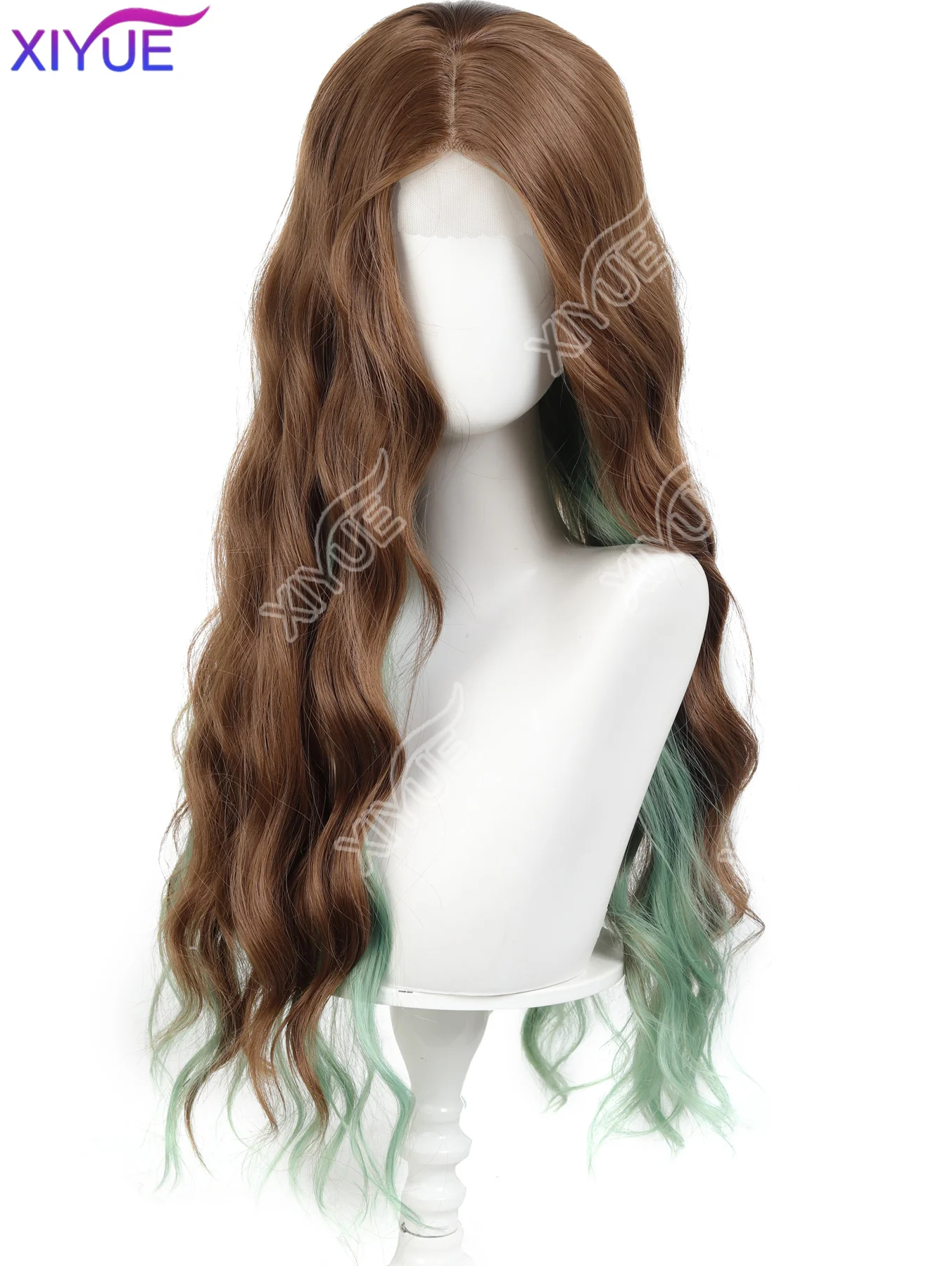 XIYUE Front lace Long Curly Brown highlights green Wave Synthetic Wigs with Bangs for Women Christmas Cosplay Wigs