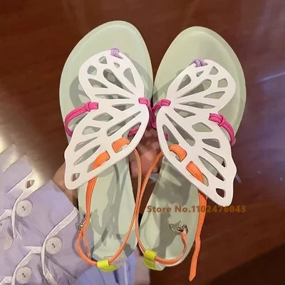 

White Butterfly Ribbon Sandals Summer New Fashion Versatile Clip Toe Button Low Heel Flat Shoes Women Casual Shallow Shoes