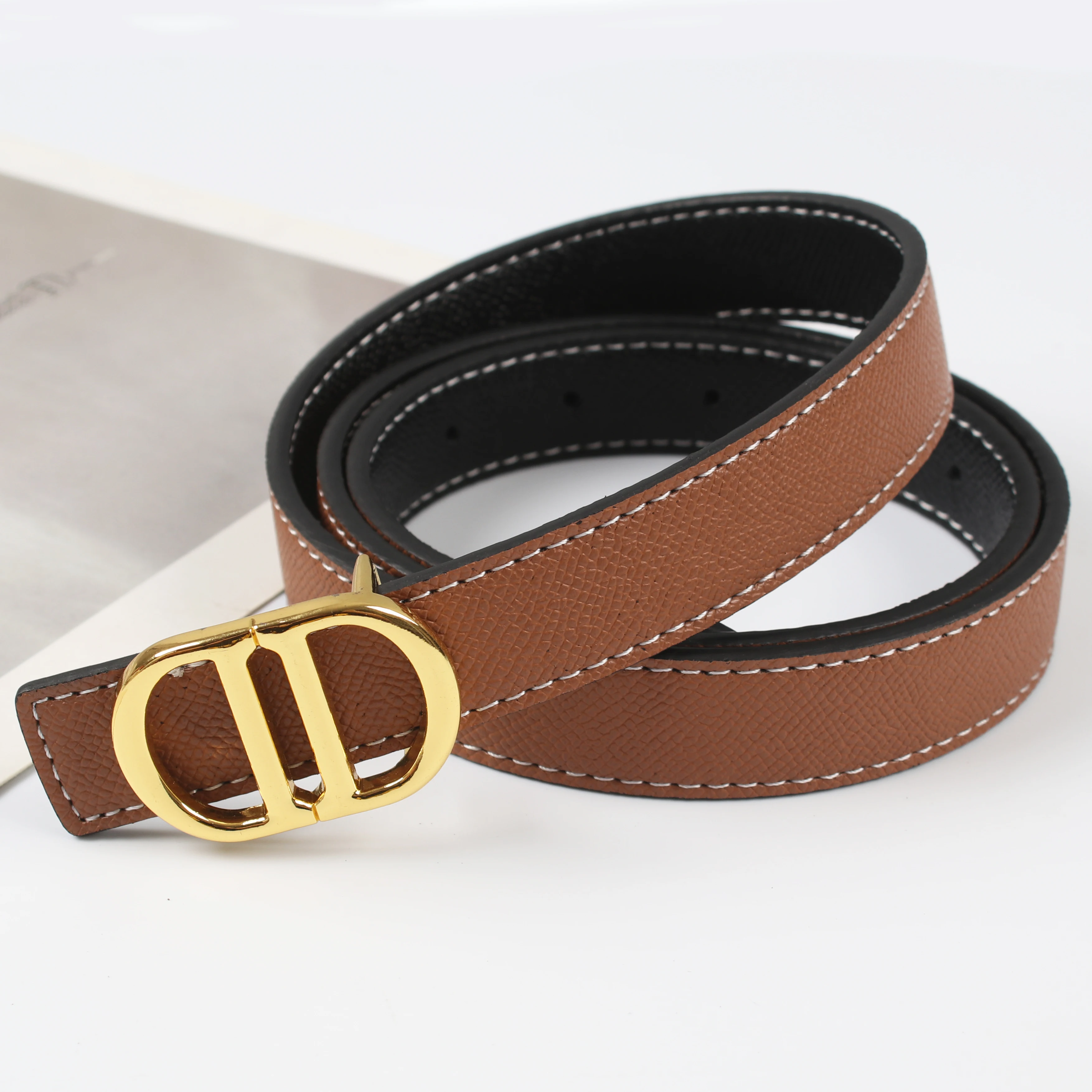 Women's reversible use belt, elegant high-quality luxury brand designer belt with gold buckle, 2.3 cm wide waist, suitable for d