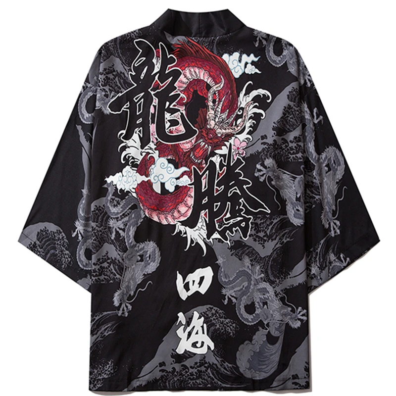 

Bebovizi Dragon Print Yukata Men Women Fashion Cardigan Loose Blouse Haori Obi Asian Clothes Harajuku Japanese Cosplay Kimono