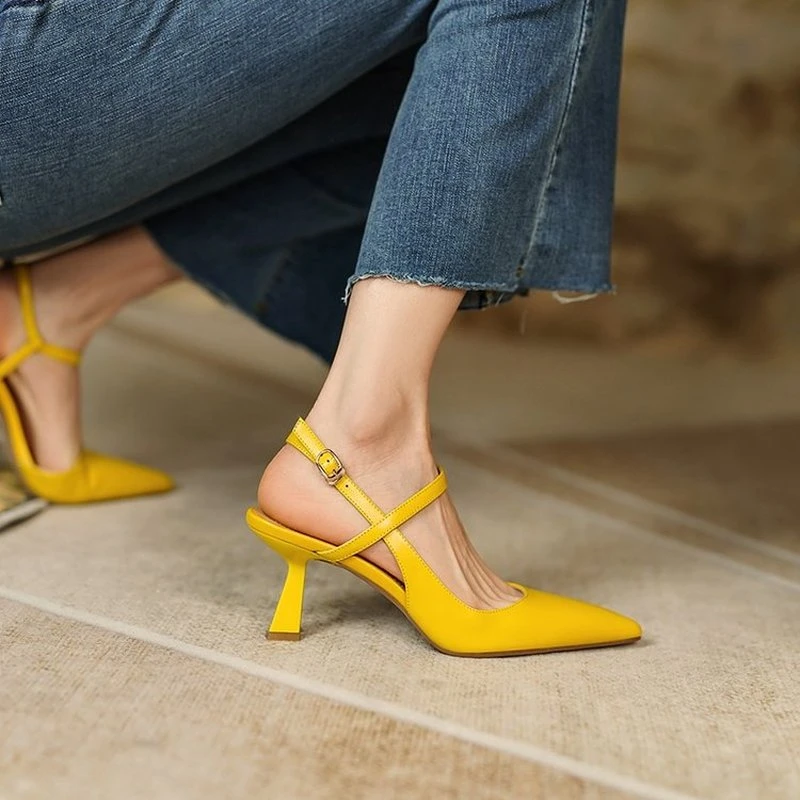 Sandalias informales de tacón fino para mujer, zapatos de fiesta, elegantes, color amarillo, estrecha, 2021|Sandalias de mujer| - AliExpress