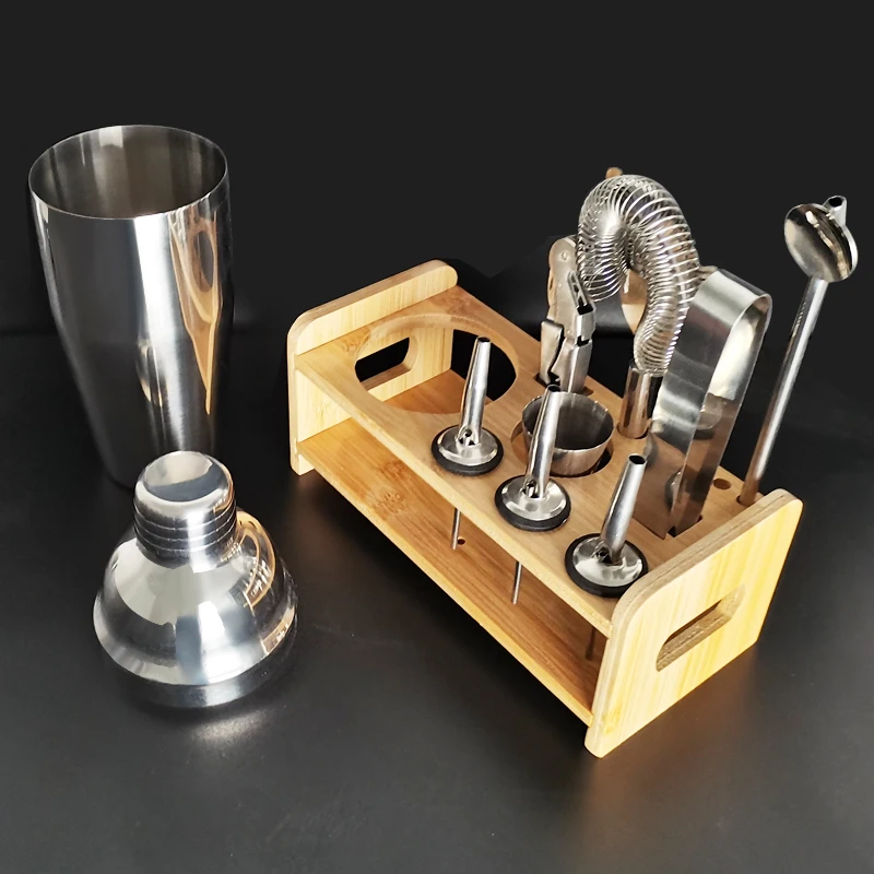 1-10Pcs/Set 750ml 750/600ml Cocktail Shaker Shakers With Wood Stand Bartender Bar Tools