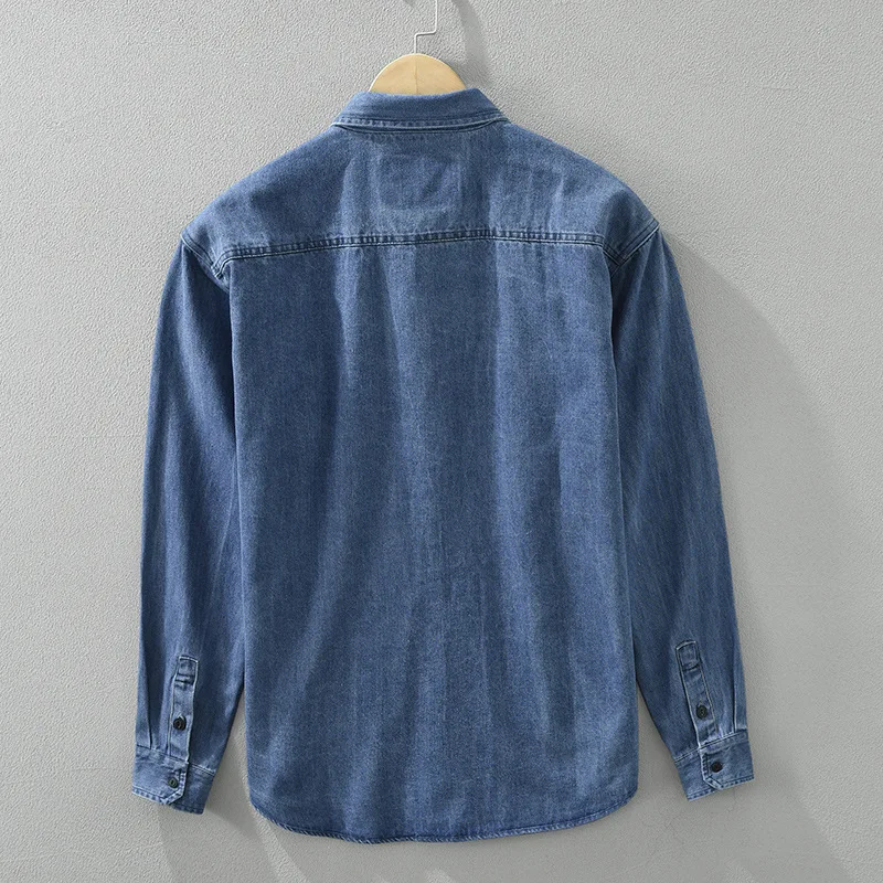 Denim Cotton Long Sleeve Shirts for Men Clothing Casual Turn-down Collar Soft White Shirt