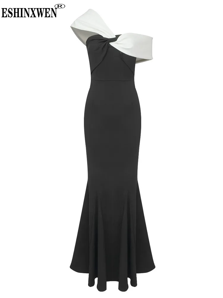 

Eshin Patchwork Contrast Color Off Shoulder High Quality Luxury Evening Party Dress For Women 2024 Spring Fashion New TH6115