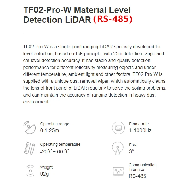 TF02 Pro W Material Level Detection LiDAR UART I2C/ RS485 Interface FoV 3° Operating range 25m laser radar ranging sensor 2