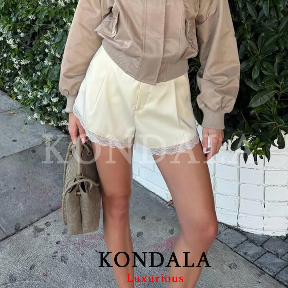 KONDALA Vintage Casual Chic Damen Shorts Schicke Gelbe Spitze Taschen Reißverschluss Shorts Neue Mode 2026 Frühling Sommer Urlaubsshorts