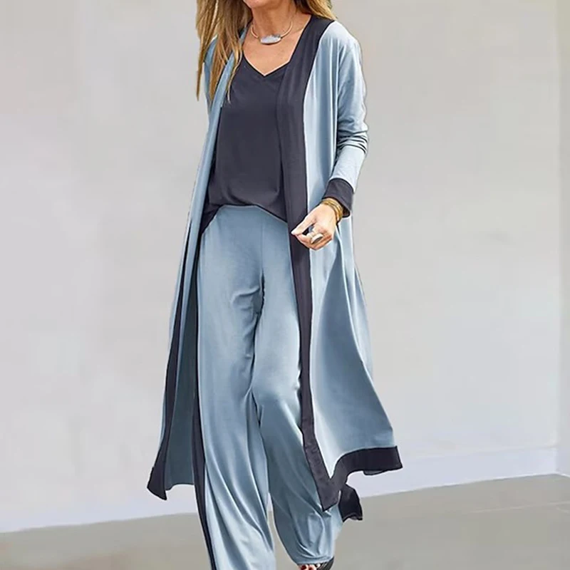 

Модные офисные костюмы с прямыми длинными брюками, осенняя Женская домашняя одежда, лоскутные комплекты из трех предметов, повседневный уличный кардиган, наряд