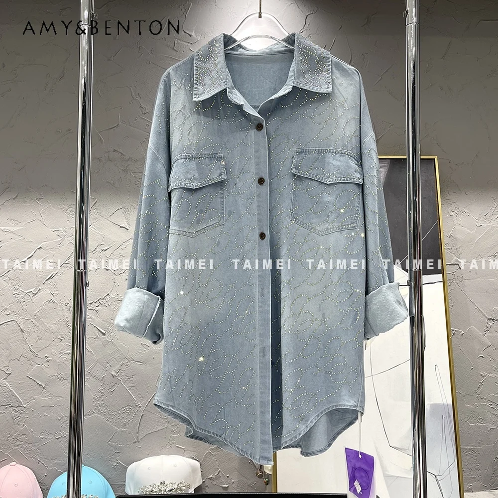 

Women Denim Shirts Women Letter Color Rhinestone Loose Mid-Length Cardigan Blouse Coat 2023 New Autumn Winter Blusas Feminina